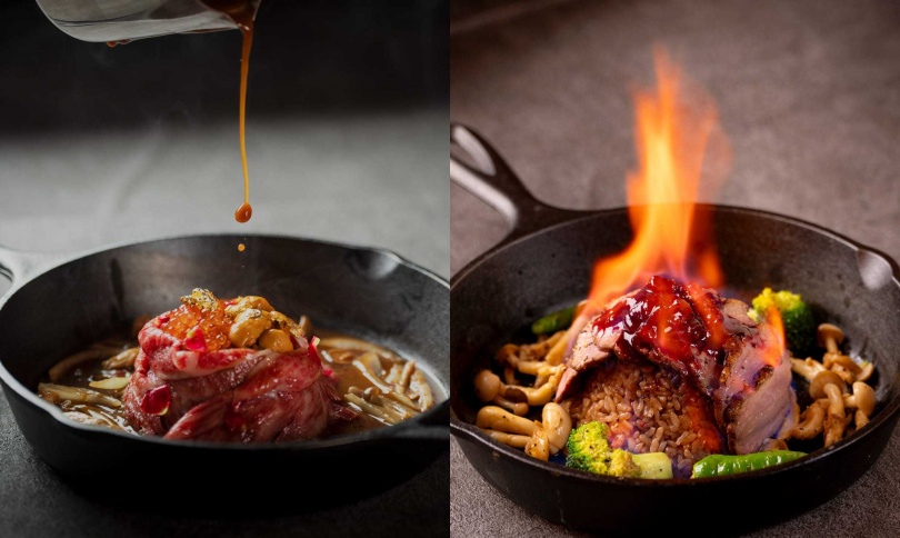 「海膽鮭魚卵和牛富士山茶香鐵鍋飯」(左,980元)、「火焰威士忌櫻桃鴨胸茶香鐵鍋飯」(520元,圖/輪輪1976提供)