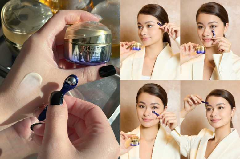 使用冰珠後側進行撥筋按摩,也可以按摩眼周穴道幫助眼霜發揮更好效果。(圖/廖怡婷攝、 品牌提供)