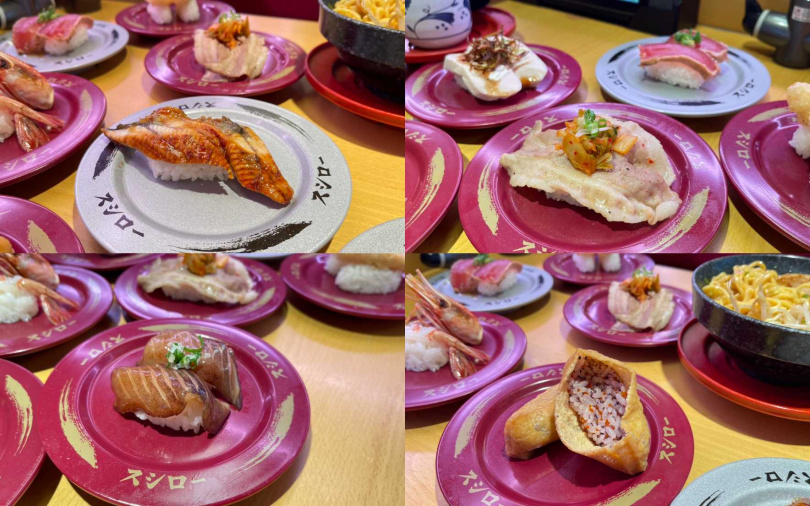 左上為「超大切極上鰻魚」、左下為「北海道產花枝鰭」、右上為「泡菜豬五花」、右下為「紫蘇飛魚卵豆皮壽司」。