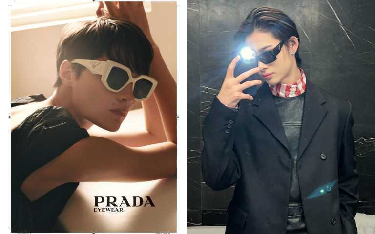 左為今年春夏眼鏡系列的形象照，右為NI-KI戴的PRADA 三角logo設計太陽眼鏡，都是戴有稜角和幾何感的今年流行設計（圖／ENHYPEN ig、品牌提供）