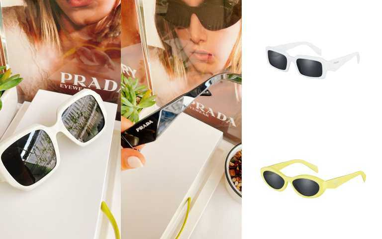 PRADA 白色太陽眼鏡16,500元；(右)PRADA 綠色太陽眼鏡16,500元（圖／黃筱婷攝）