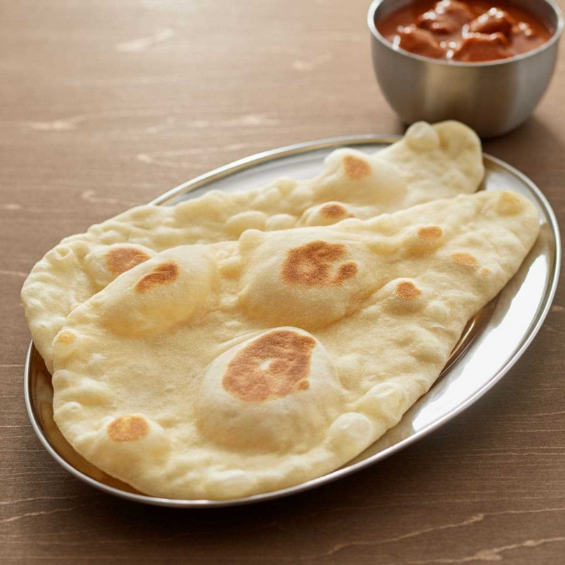 DIY印度烙餅：將麵糰揉捏、延展，並利用平底鍋香煎，即可簡單製作出道地的印度烙餅，適合搭配奶油雞肉咖哩一同食用。  