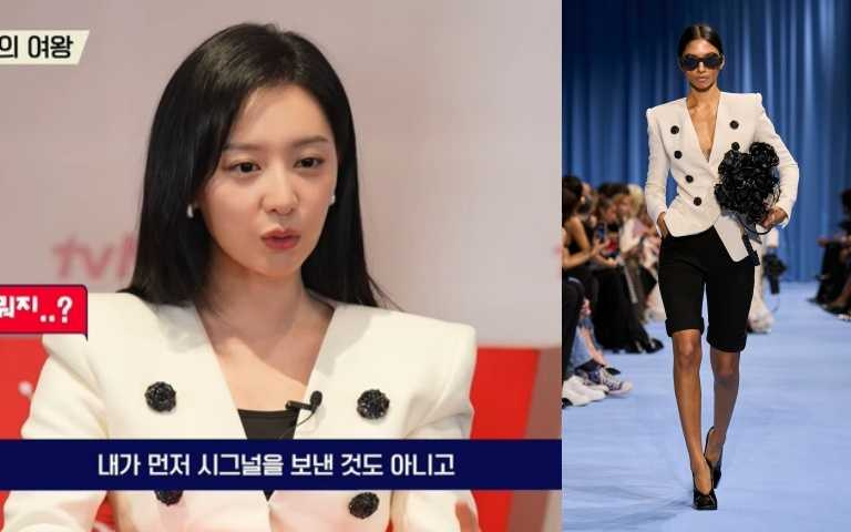 《淚之女王》女主角金智媛於訪談中身穿 BALMAIN 春夏秀款玫瑰釦飾西裝外套。（圖／截自 tvN）