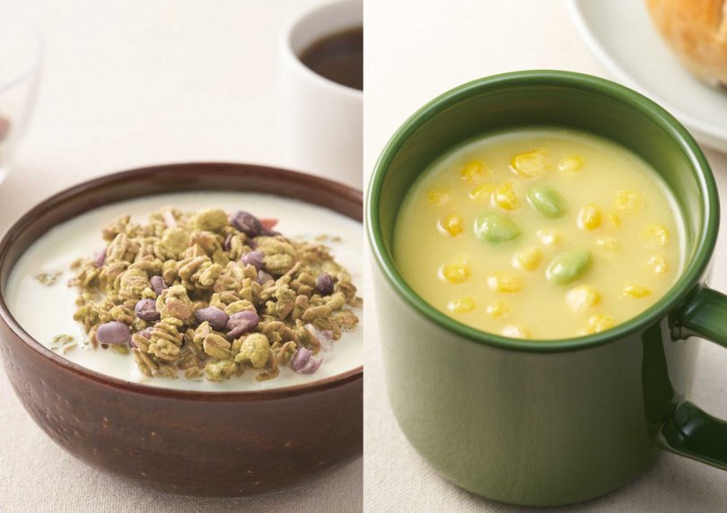 「抹茶紅豆烘烤穀麥」(左,199元)、沖泡湯品「毛豆玉米濃湯」。(99元,圖/無印良品提供)