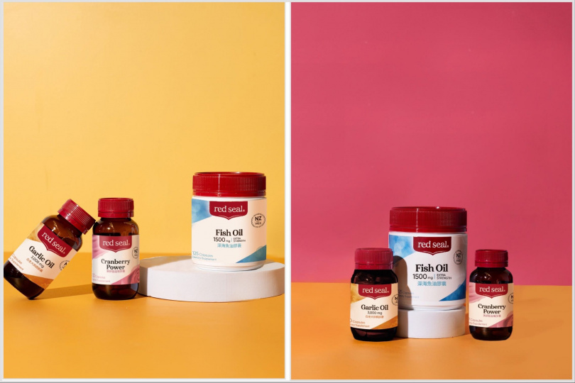 red seal 紅印深海魚油膠囊 125顆/1,380元；red seal美妍蔓越莓膠囊 30顆/780元；red seal白金大蒜精膠囊 90顆/680元（圖／品牌提供）