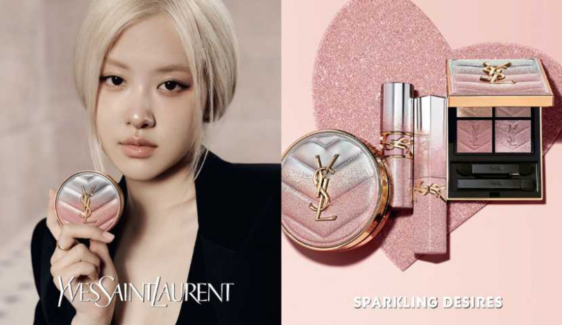 YSL 時尚4色眼影盤 #126 奢耀粉銀／3,100元、奢華緞面絨霧唇膏／1,650元、情挑誘光蜜唇膏／1,650元、情挑誘光潤唇膏／1,580元、超模光感精華水氣墊／3,180元（圖／品牌提供）