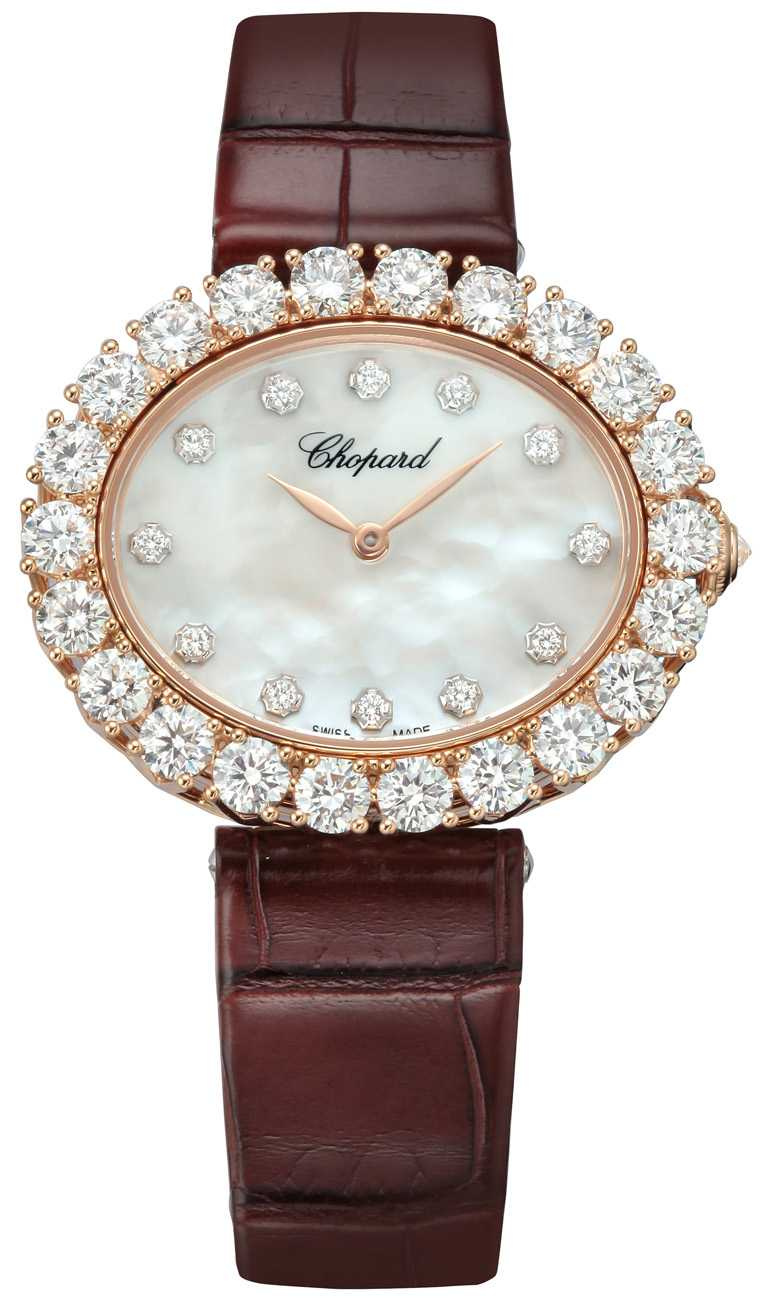 CHOPARD「L’Heure du Diamant」系列自動上鏈腕錶╱獲公平採礦認證18K玫瑰金錶殼，39.2mm，09.01-C型自動上鏈機芯╱1,750,000元。（圖╱CHOPARD提供）