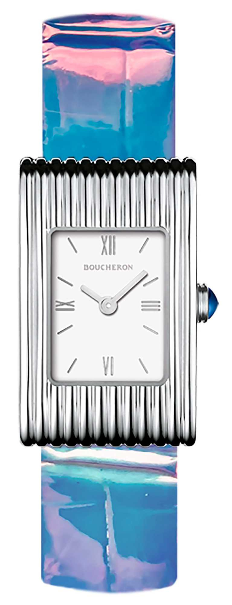 BOUCHERON「Holographique」創新膠囊系列，「Reflet」系列小號腕錶，精鋼材質，全息效果鱷魚皮錶帶。（圖╱BOUCHERON提供）