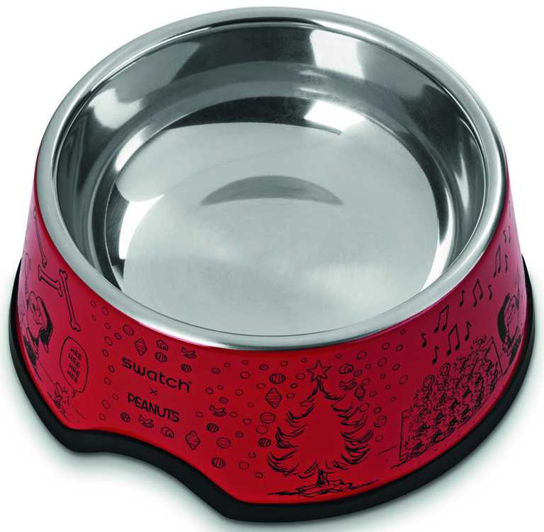 Swatch X Peanuts聯名系列「聖誕史努比」特別版腕錶專屬錶盒，以食用級不鏽鋼製成紅色食物碗，可供寵物使用。（圖╱Swatch提供）