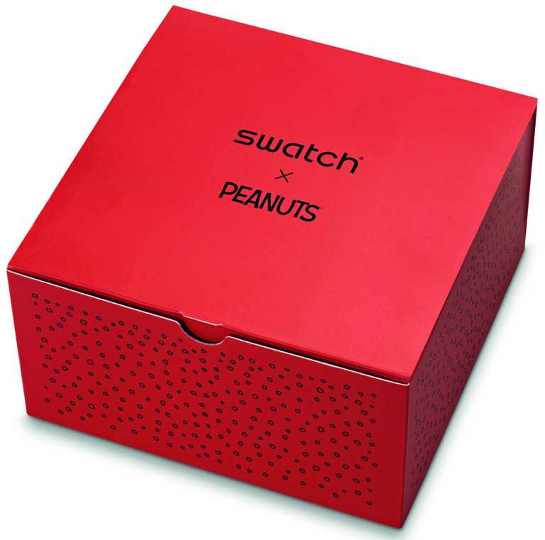 Swatch X Peanuts聯名系列「聖誕史努比」特別版腕錶，專屬錶盒包裝╱4,750元。（圖╱Swatch提供）