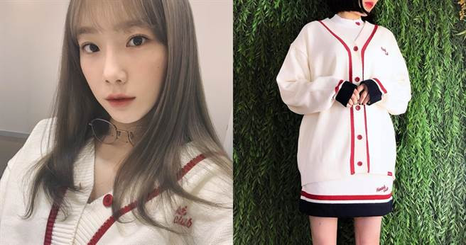 紅白配色點綴的針織開襟衫為韓國MIXXMIX品牌，價格約台幣NT1,200。（圖／翻攝自太妍IG、MIXXMIX官網）