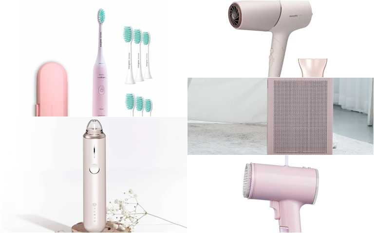 吹風機、櫻花色系美容電器、電動牙刷、蒸氣掛燙機、空氣清淨機。