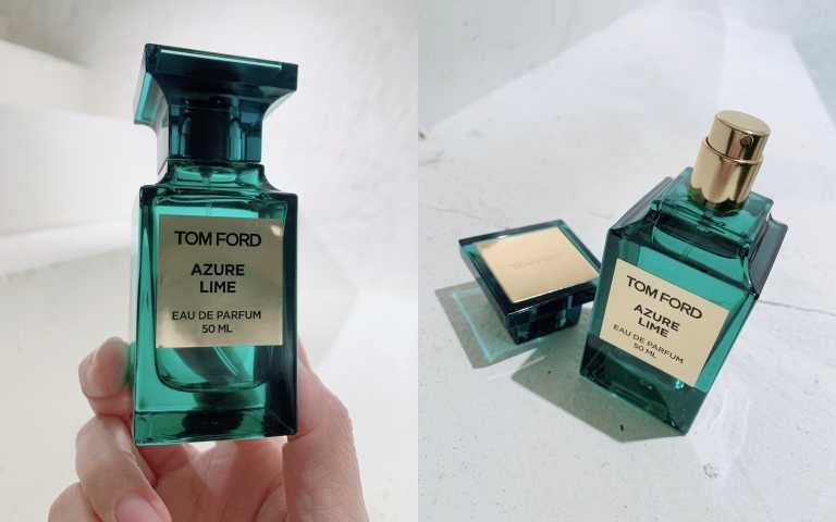 TOM FORD私人調香地中海系列沁夏萊姆50ml／9,500元  有著不同層次的美麗藍綠色瓶身，擺放在居家空間中也十分有質感。（圖／吳雅鈴攝）