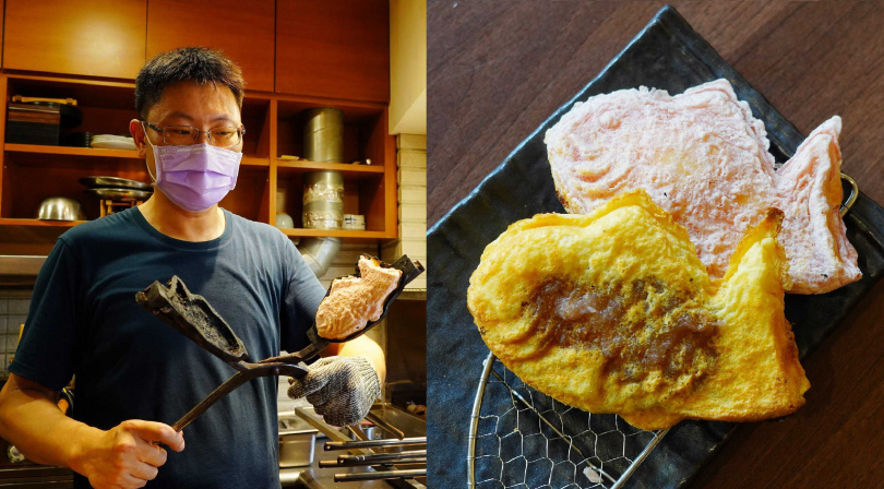 蘇昭安以一丁燒烤法製作鯛魚燒，會使鯛魚燒帶有些許炭燒味，右圖為「薄皮」（前）與「白Q」版本。