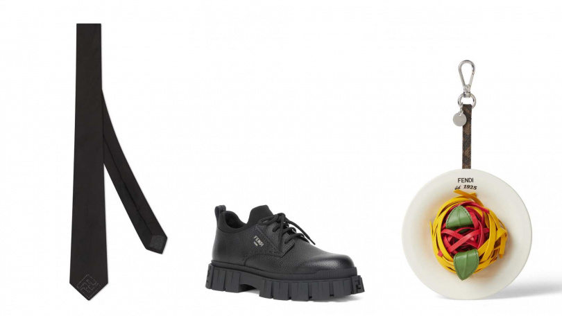 Fendi Black Tie／11,500元，Fendi Force Laceup Shoes／37,600元，Spaghetti Charm義大利麵吊飾／32,000元（圖／品牌提供）