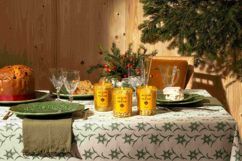 圖說：Acqua di Parma 金色假期限量版香氛蠟燭，包括BOSCO 靜謐雪松、PANETTONE 濃情潘尼、TORRONE 甜蜜托尼三款， 200g / 3,400元（圖／品牌提供）