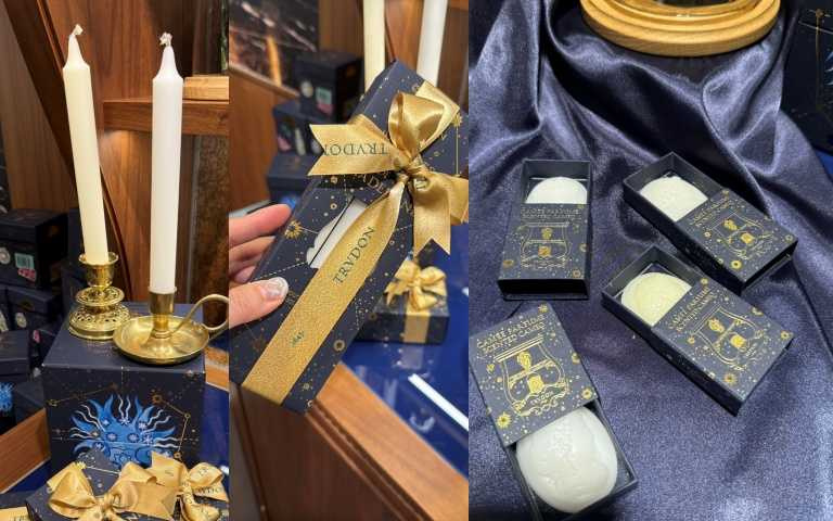 (左、中)Trudon 聖誕限定【星界系列】馬德萊娜細蠟燭 6入組 / 2,180元。(右)Trudon 聖誕限定【星界系列】香氛蠟塊 550元 / 盒（圖／品牌提供）