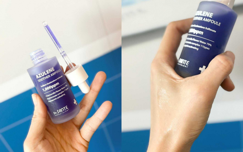 Dr.SANTE甘菊藍舒緩修護安瓶精華 50ml/1,890元 高濃度甘菊藍精華搭配多重玻尿酸,可加強修護肌膚屏障、提升肌膚含水量。(圖/吳雅鈴攝)