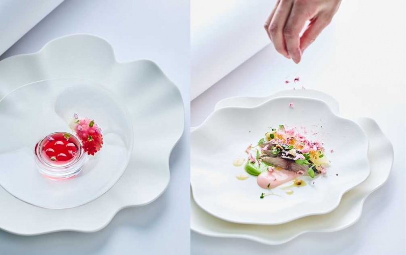 前菜「紫蘇醋栗漬牡丹蝦」（左）、雙主菜「刺山奶油青花焗白蘆筍」。（圖／Restaurant A提供）