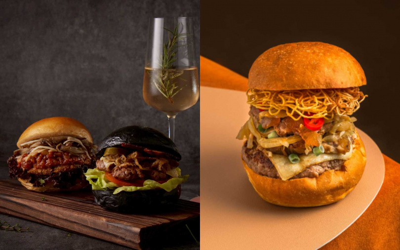 （左）寒舍艾美酒店全新品牌「TIPSY Sparrow」推出的「米其林級蔬食漢堡」；（右）君悅酒店「酸菜牛肉麵起司漢堡」。（圖／品牌提供）