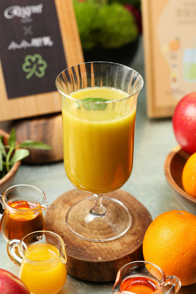 香橙羅勒蔬果飲由新鮮羅勒搭配柳橙汁、蘋果醋及蜂蜜調製而成。（圖／晶華酒店提供）
