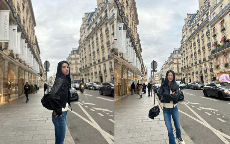 林智妍在巴黎街頭 穿著皮衣搭配休閒牛仔褲，手提LOEWE Flamenco Purse 包款（圖／取自林至妍IG）