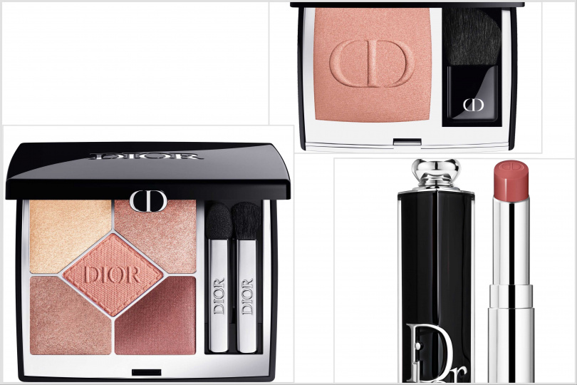 迪奧經典五色眼影#743芭蕾舞裙 搭配迪奧癮誘唇膏#558粉棕玫瑰＋迪奧超完美亮妍腮紅#449奶茶裸杏（圖／品牌提供 ）