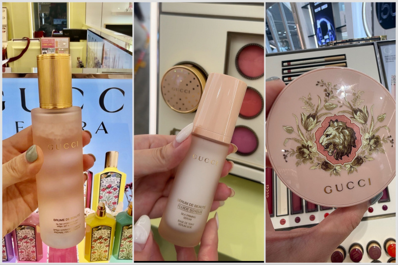 GUCCI Beauty 精粹噴霧 / 2,900元、GUCCI Beauty 絲潤柔光妝前乳 / 2,250元，GUCCI Beauty 絲潤氣墊粉餅 Cushion de Beauté / 2,900元（圖/黃筱婷攝）