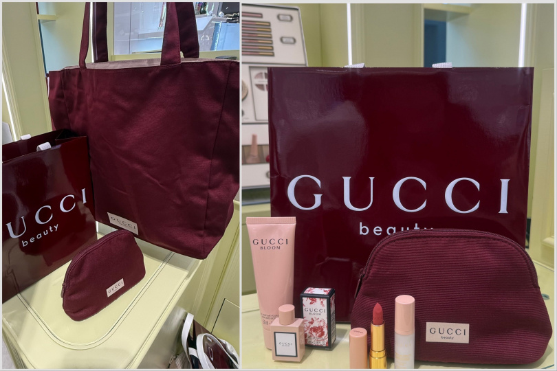 （左）在9/4–9/21 購買任 2 件商品，再送 GUCCI Ancora 托特包。（贈品數量有限，送完為止，品牌保留修改活動之權利）。（右）滿5,000元，贈 GUCCI 花悅淡香精身體乳 50ml + 品牌隨身香氛 5ml，單筆消費 滿8,000元，再升級贈 GUCCI 彩妝旅行組（迷你妝前乳＋迷你唇膏＋品牌化妝包）。