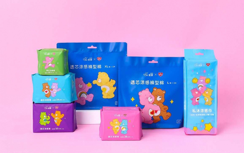 愛康透芯涼感棉Care Bears聯名款全系列共六款規格，分別對應不同色系與 Care Bears角色，巧妙呼應女孩從白天到夜晚、量少到量多的各種使用情境。（圖／品牌提供）