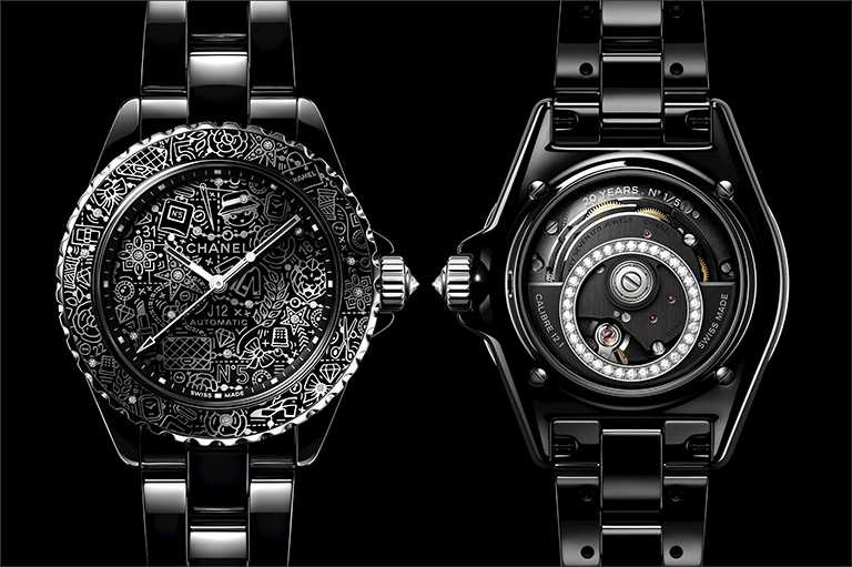 CHANEL「J12∙20」琺瑯腕錶，黑色抗磨精密陶瓷、18K白金錶殼，錶徑38mm，限量5只，鑽石55顆╱價格店洽。（圖╱CHANEL提供）