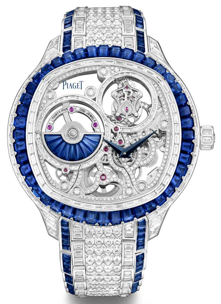PIAGET「Polo Emperador」系列藍寶石全鑽帶腕錶，18K白金錶殼，1270D型自動上鏈鏤空飛行陀飛輪超薄機芯，49mm╱56,500,000元。（圖╱PIAGET提供）