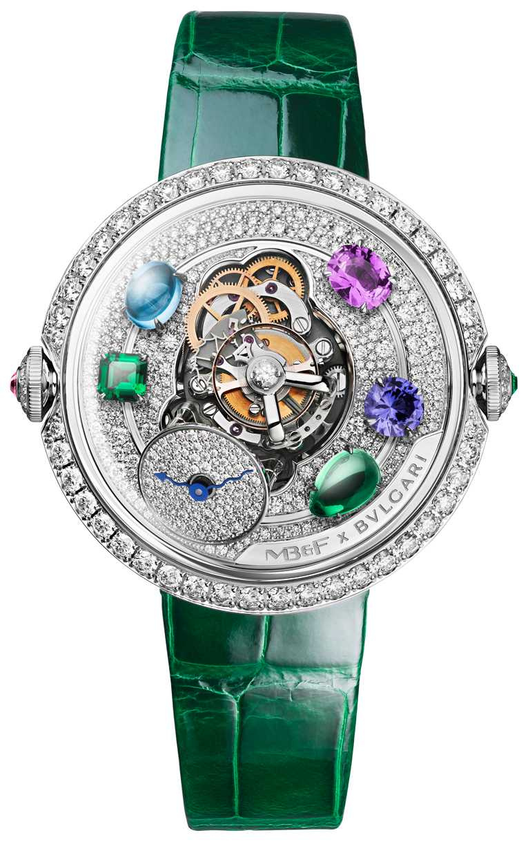 MB&F x BVLGARI「FlyingT Allegra」女性腕錶，白K金鑲鑽款╱價格店洽。（圖╱BVLGARI提供）