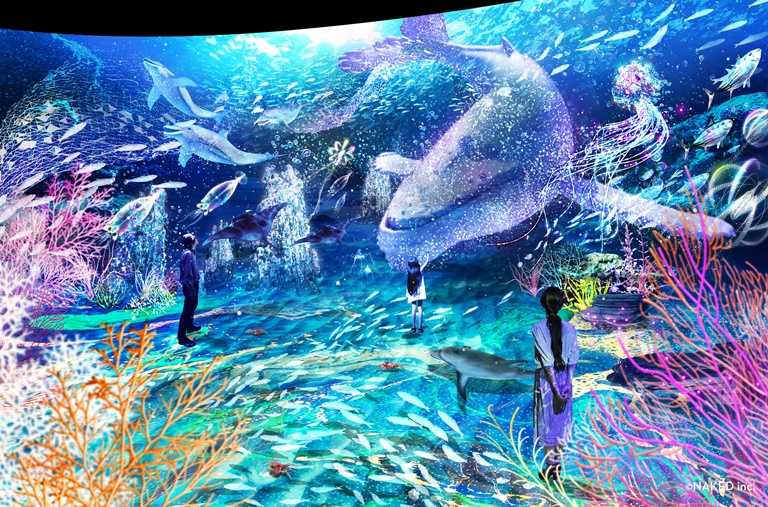 感受生命奧妙的水槽藝術，透過折射效果，虛擬水槽中將呈現KALEIDO JELLYFISH水母悠游的姿態和其他海洋生物熠熠生輝。