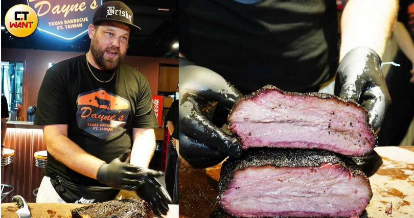 品牌創辦人Dayne Weaver在記者會現場示範切肉,展現德州BBQ在焦黑外皮下保留粉嫩肉質的特色。(圖/魏妤靜攝)