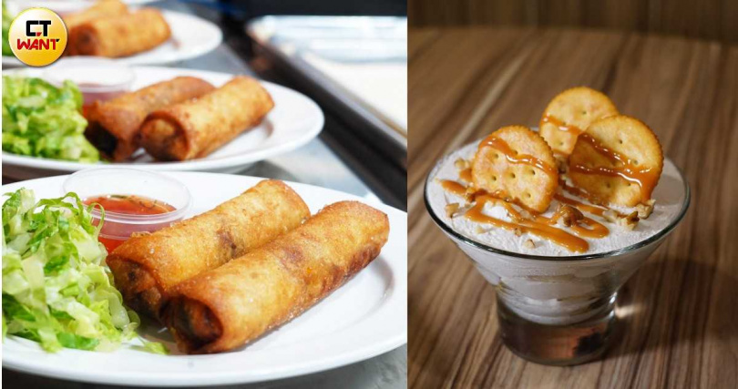 「燻肉炸春捲」(左)、「德州香蕉布丁」都是德州本店經典菜色之一。(各180元,圖/魏妤靜攝)