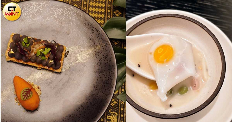 甜點「香芋千層酥佐泰式奶茶冰淇淋」（左，520元）的千層酥內餡以芋泥混合鴨蛋、融入斑蘭葉汁，「泰式五色糯米球佐椰奶與甜蛋黃」特別做出迷你荷包蛋。（480元，圖為縮小版，圖／魏妤靜攝）