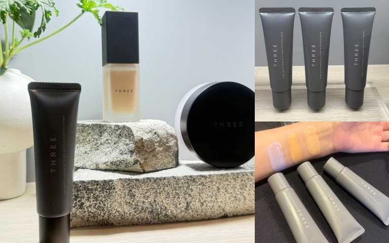 底妝系列也是THREE的熱賣品項，右為首次登台的晶透裸光飾底乳，共三色。紫色也是人氣熱賣唷！（圖／黃筱婷攝影）