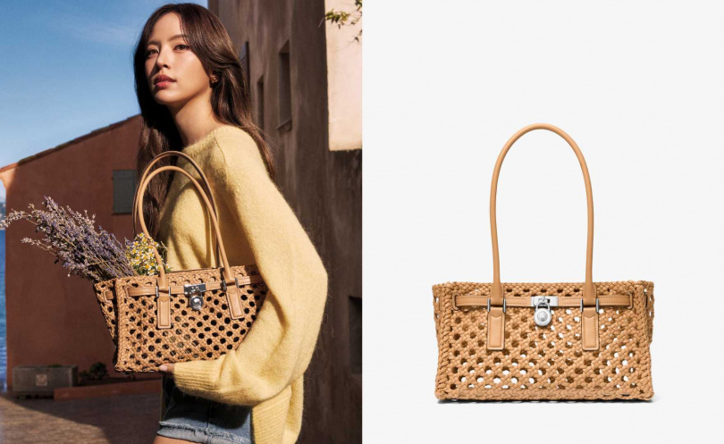 MICHAEL KORS HAMILTON淺棕色編織小型肩背包／16,600元（圖／品牌提供）