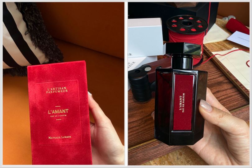 外盒特別設計成絨布的盒裝，超級高級！而且瓶身上的紅也是絨布的喔！阿蒂仙之香 墨夜私語淡香精100ml / 7,600元。（圖／tingting攝）
