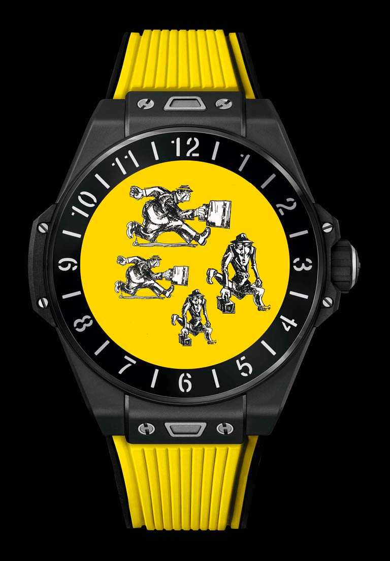HUBLOT「BIG BANG e智能腕錶」黑色陶瓷款（歡樂黃），微噴砂拋光黑色陶瓷錶殼，42mm╱180,000元。（圖╱HUBLOT提供）