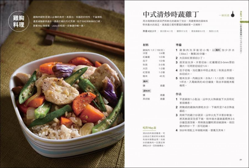 ▲新書延續「Mayfitbowl」一碗健身餐精神，食譜講究大量蛋白質和蔬菜纖維，示範46道家常菜作法。