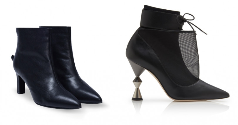 左：REATHER 石墨黑真皮短靴/4,980元；右：Manolo Blahnik  LACUS黑色中統高跟靴/ˋ42,800元（圖／品牌提供）