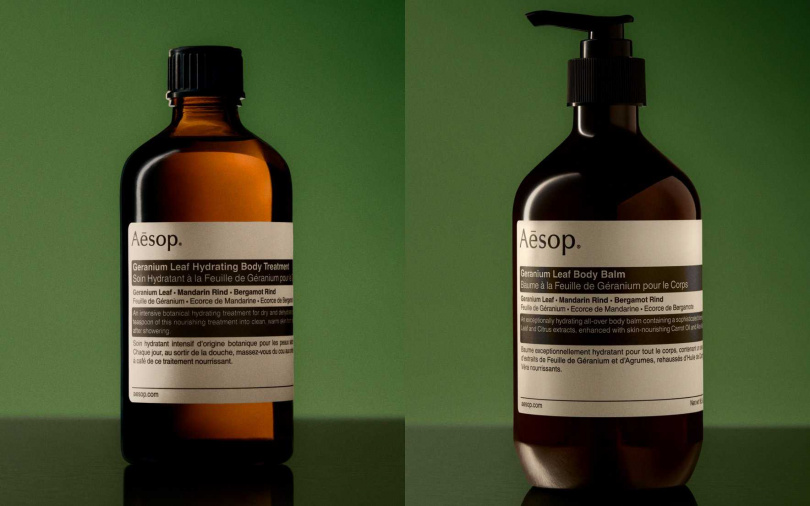 Aesop天竺葵潤體精油100ml／1,250元、天竺葵身體乳霜100ml／1,250元&500ml／3,200元（圖／品牌提供）