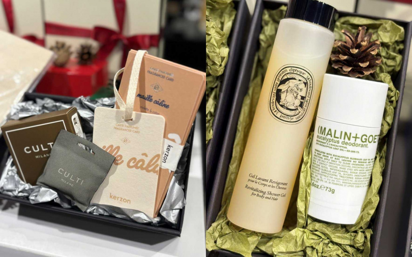 送男生就選KERZON香氛片+CULTI車用香氛包的香氣旅行組(1,460元)，和Diptyque佛手柑賦活潔淨露+(MALIN+GOETZ)尤加利體香膏的運動清爽修護組(2,500元)。（圖／吳雅鈴攝）