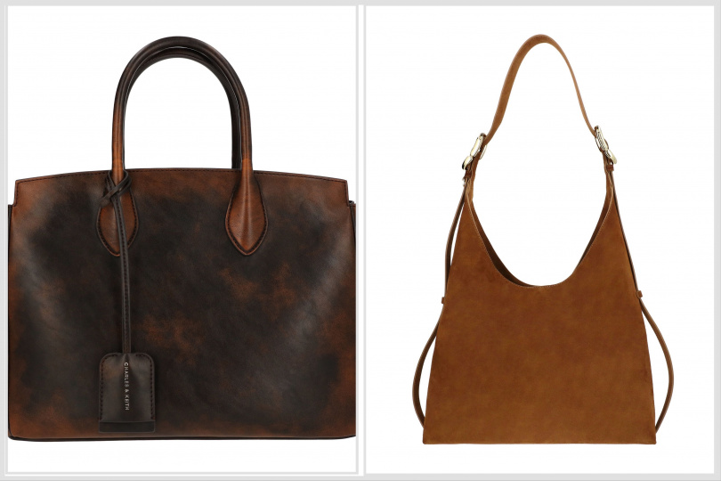 CHARLES & KEITH Ginevra大托特包(深咖啡)/3,590元、Aislin仿麂皮流浪包(胡桃棕)/3,390元。(圖/品牌提供)