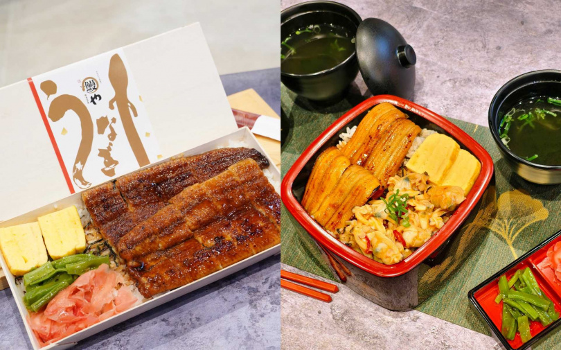 鰻鰻EXPRESS開幕祭出「一本鰻便當」半價(左),右為每日限量新品「鮮蛤鰻」定食套餐,原價328元、嘗鮮價只要298元,以蒲燒風味星鰻搭配椒麻鮮蛤,一次雙饗。(圖/魏妤靜攝)