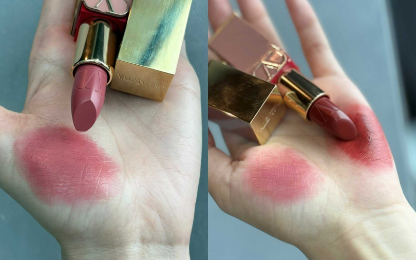 #100R曖昧甜粉跟#142A微醺棕紅的本人實擦，也太美了吧~~~。（圖／吳雅鈴攝）