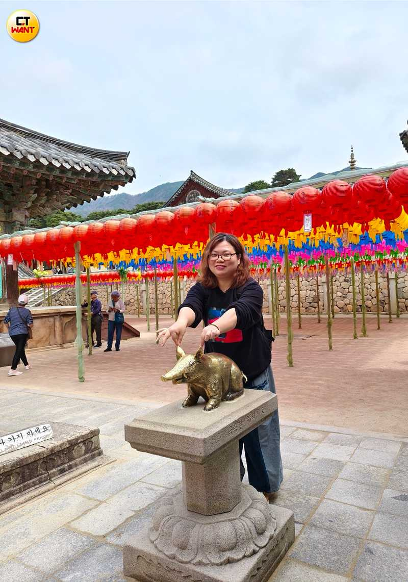 來到佛國寺的人都會到極樂殿前摸摸金豬,希望帶來財運。(圖/魏妤靜攝)