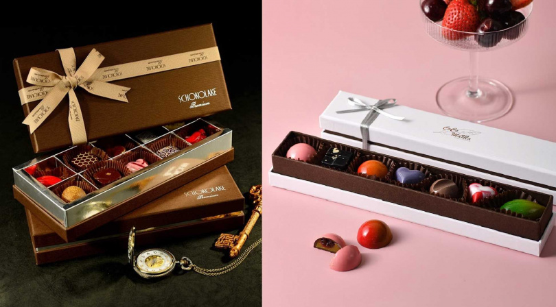 巧克力雲莊「皇家酒心禮盒」（左，750元／10入）、CoCa MaMa「閃耀蹦蹦系列巧克力禮盒」（右，550元／7入）。